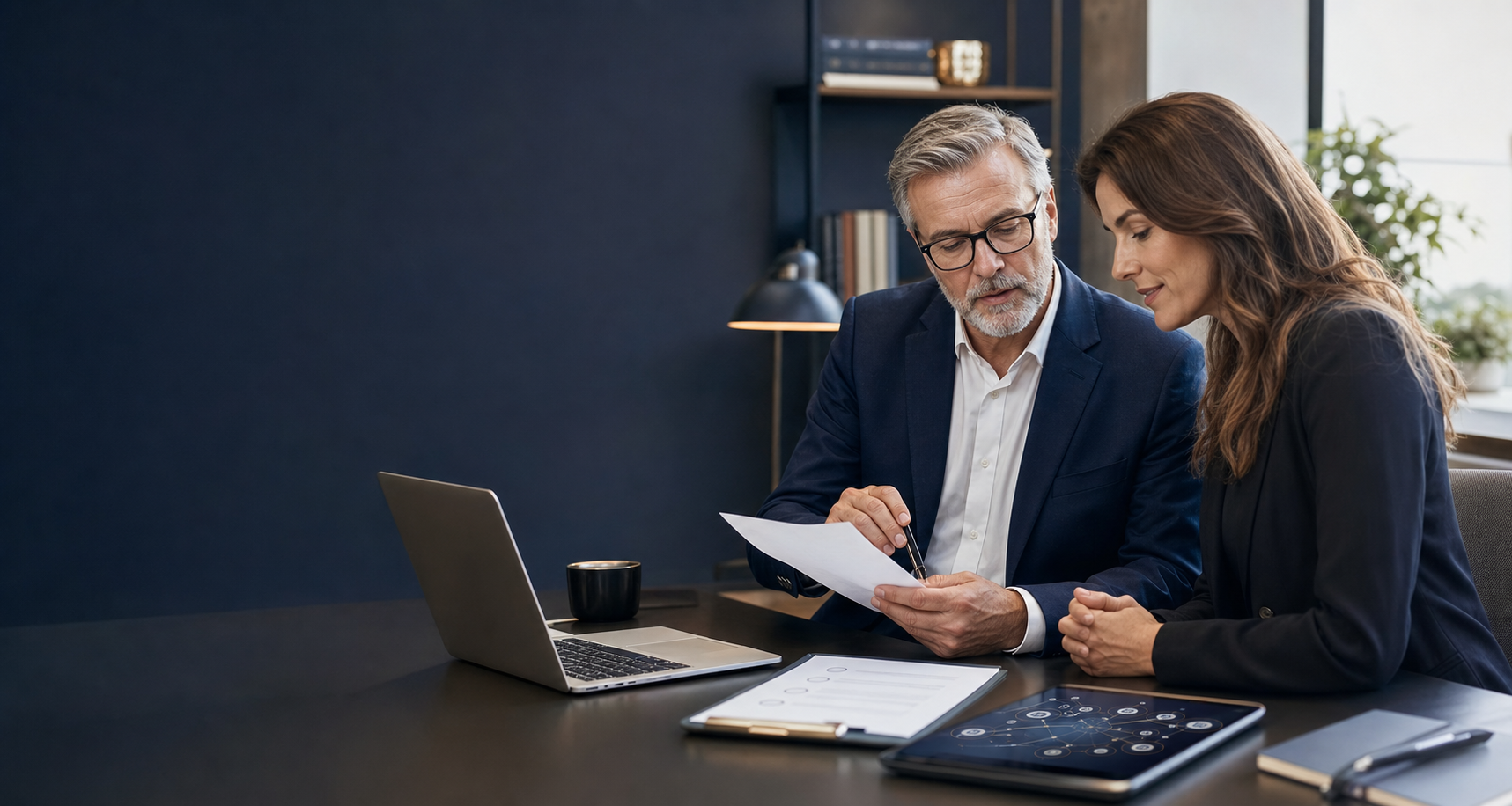 Compliance advisor reviewing documents with a client